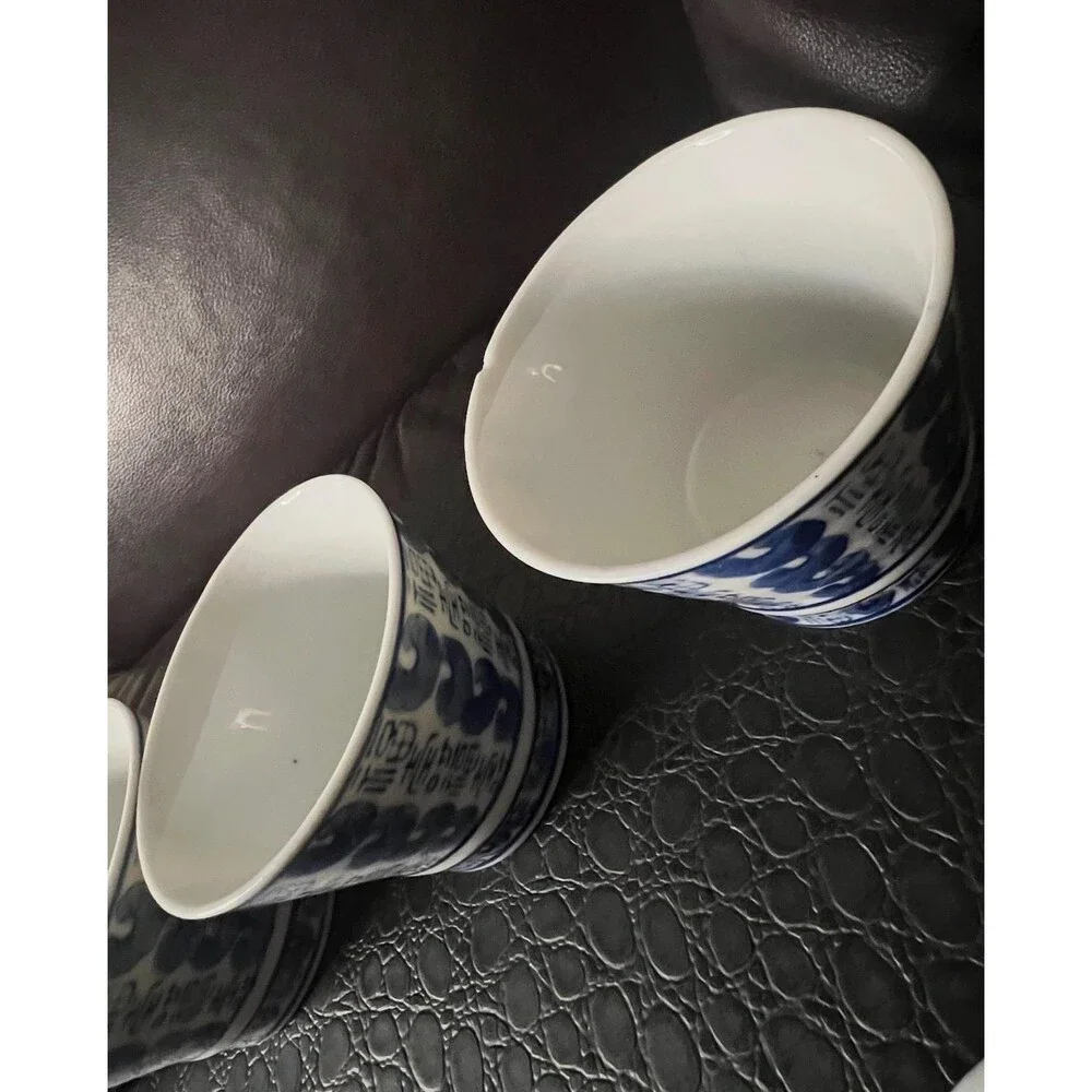 Chinese Blue White Porcelain Gaiwan Tea Cups Longevity Character Set 6pcs VTG